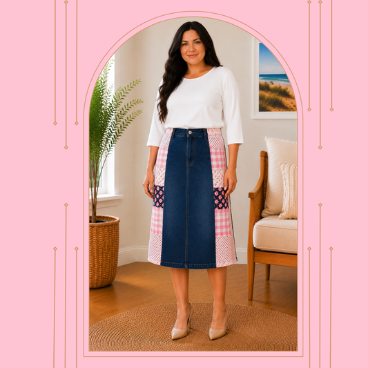 NEW! Pink Patchwork  ( Zipper/ Button )Jean Skirt: S-3X