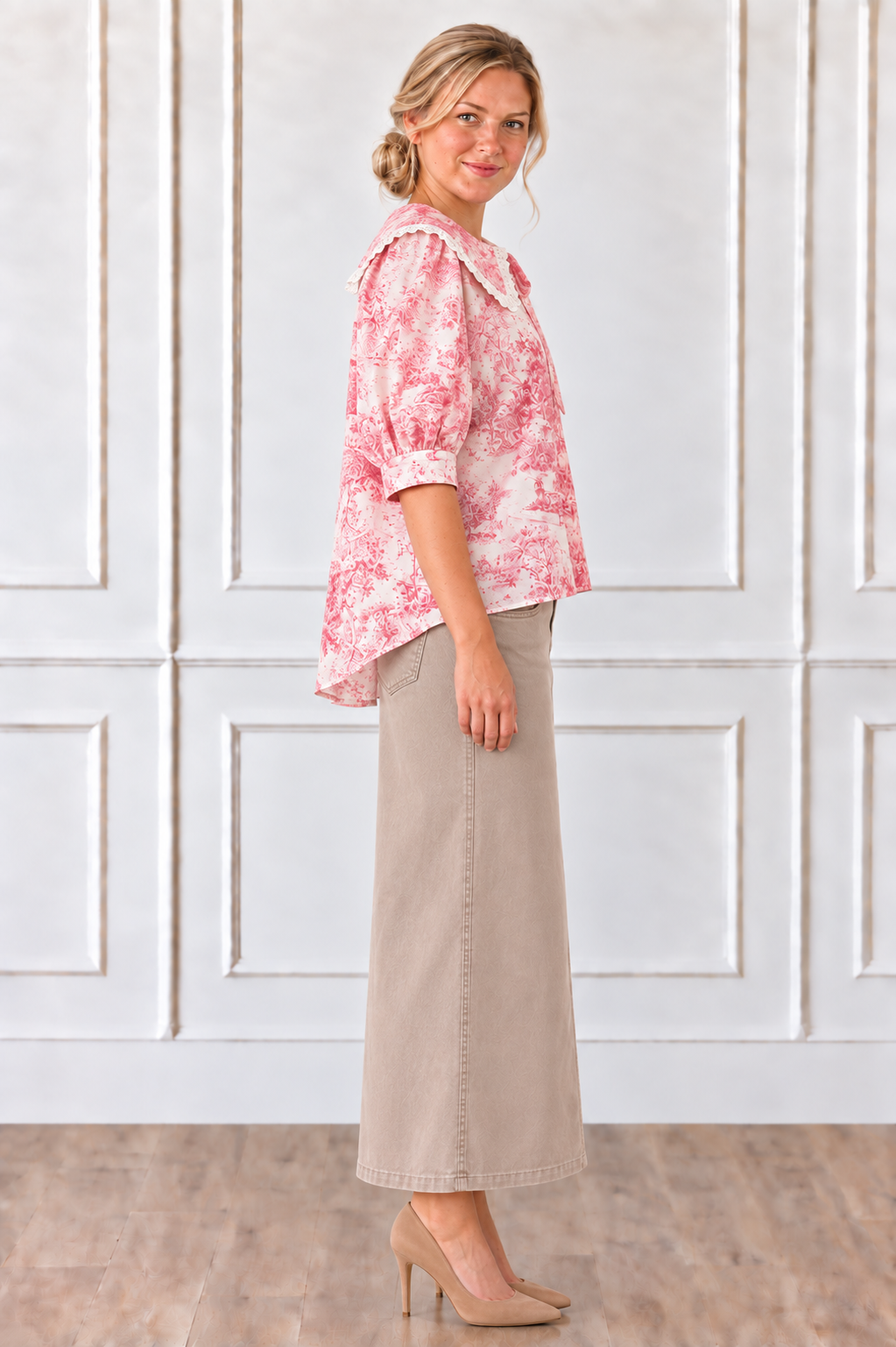 NEW!  Pink "Toile" Vintage Print Cotton Blouse:  S-L  Arriving in Stock: 9/15