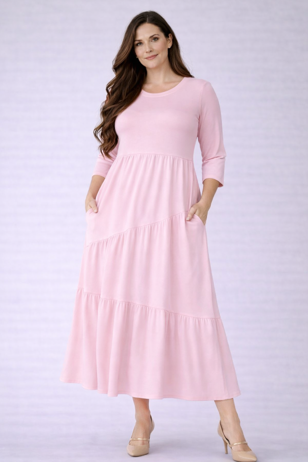 NEW! "Rosey" Soft Pink Tiered Dress: S-3X  Arriving in Stock: April 5