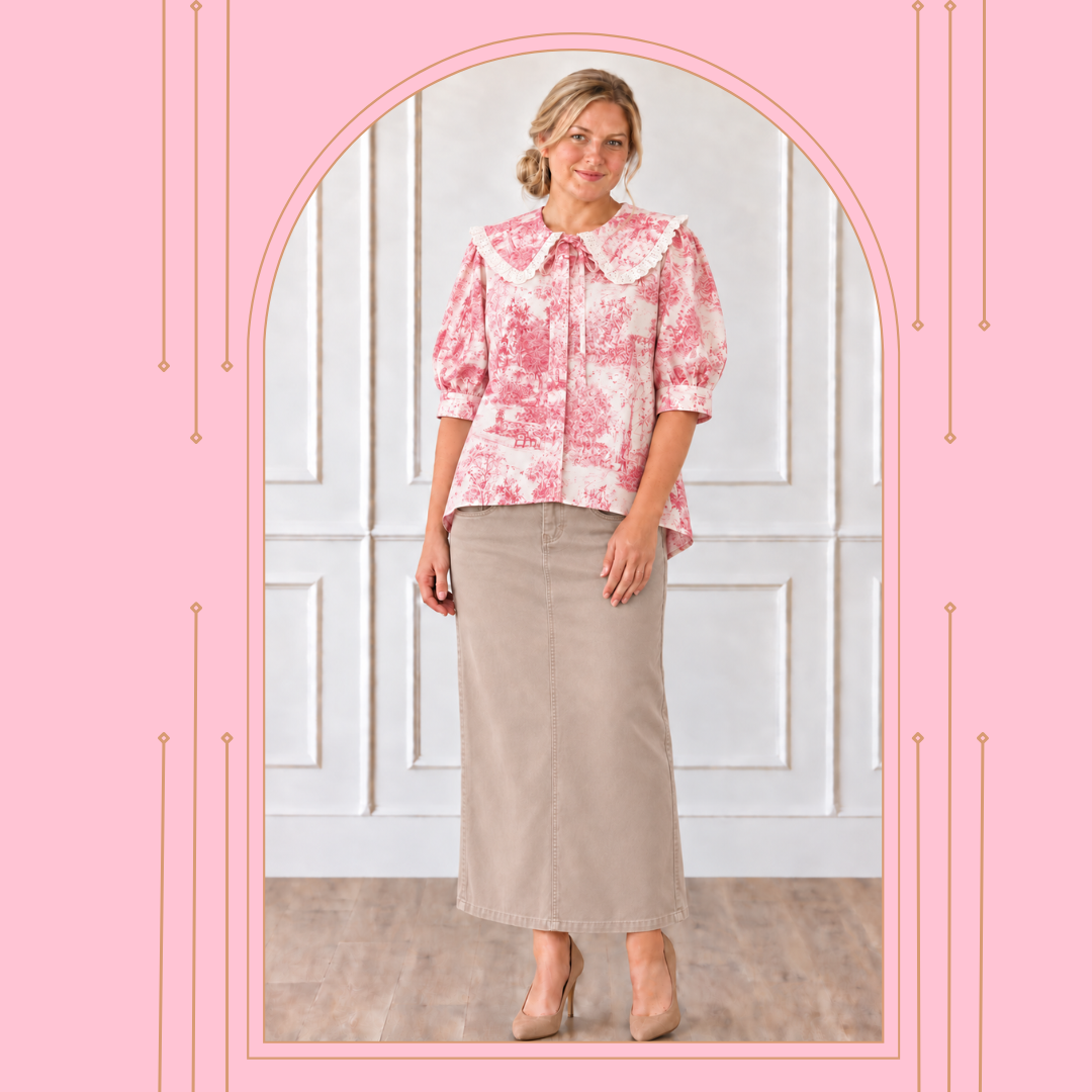 NEW!  Pink "Toile" Vintage Print Cotton Blouse:  S-L  Arriving in Stock: 9/15
