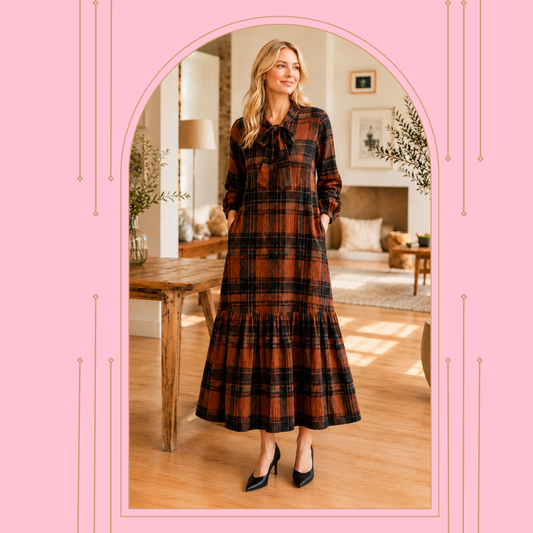 Pre-Order: "Autumn" Rust & Black Plaid Dress (Arriving Early Sept )S-3X