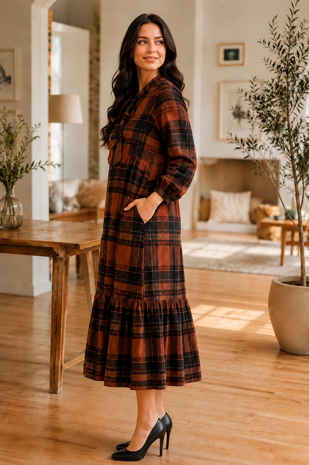 Pre-Order: "Autumn" Rust & Black Plaid Dress (Arriving Late August) S-3X
