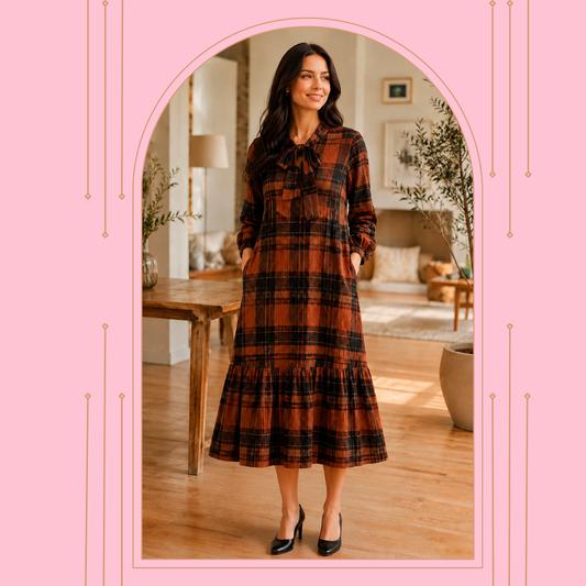 Pre-Order: "Autumn" Rust & Black Plaid Dress (Arriving Late August) S-3X