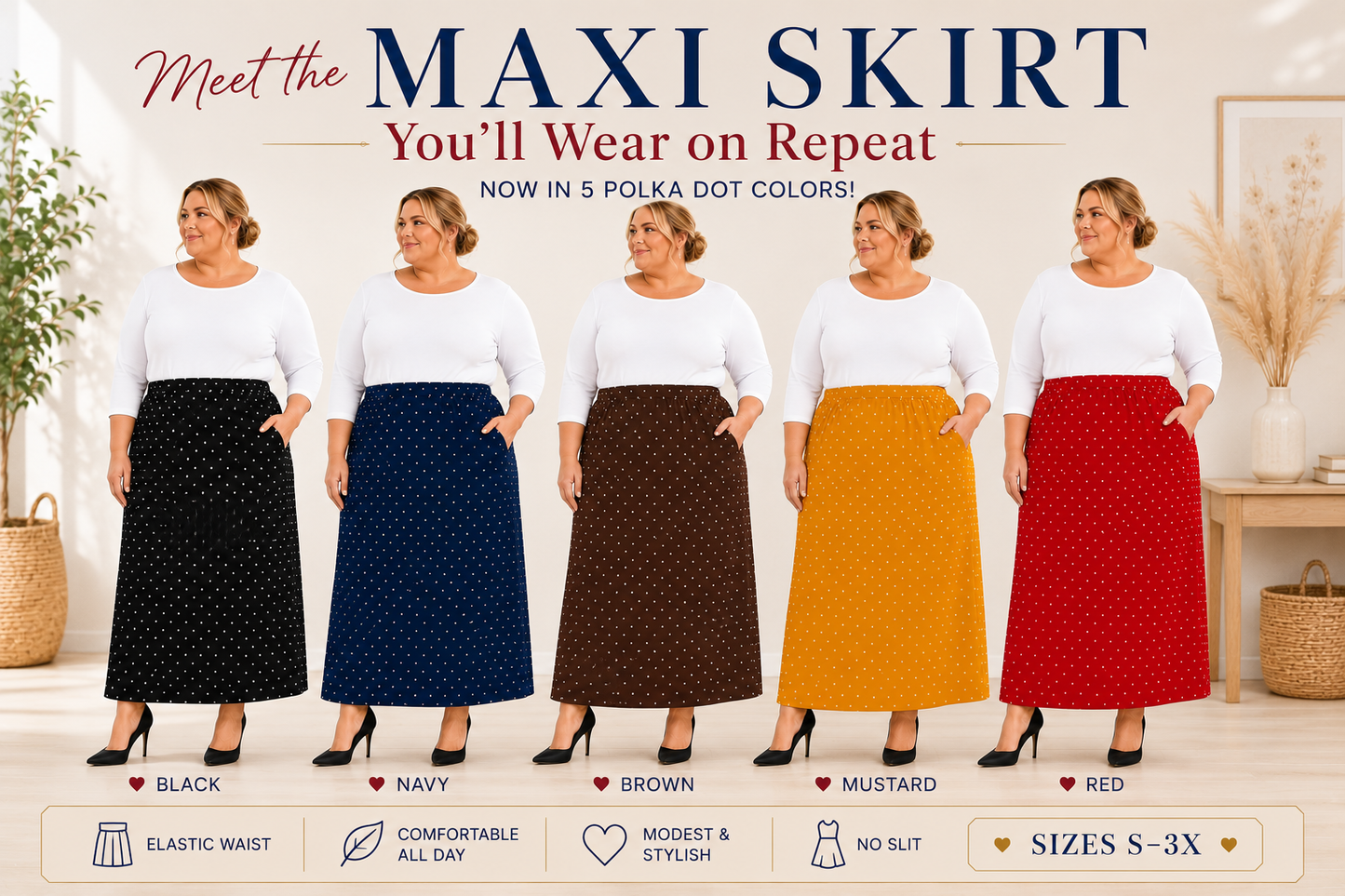 Pre-Order:  Red Polka Dot Maxi Skirt: S-3X  Arriving In Stock: Late July