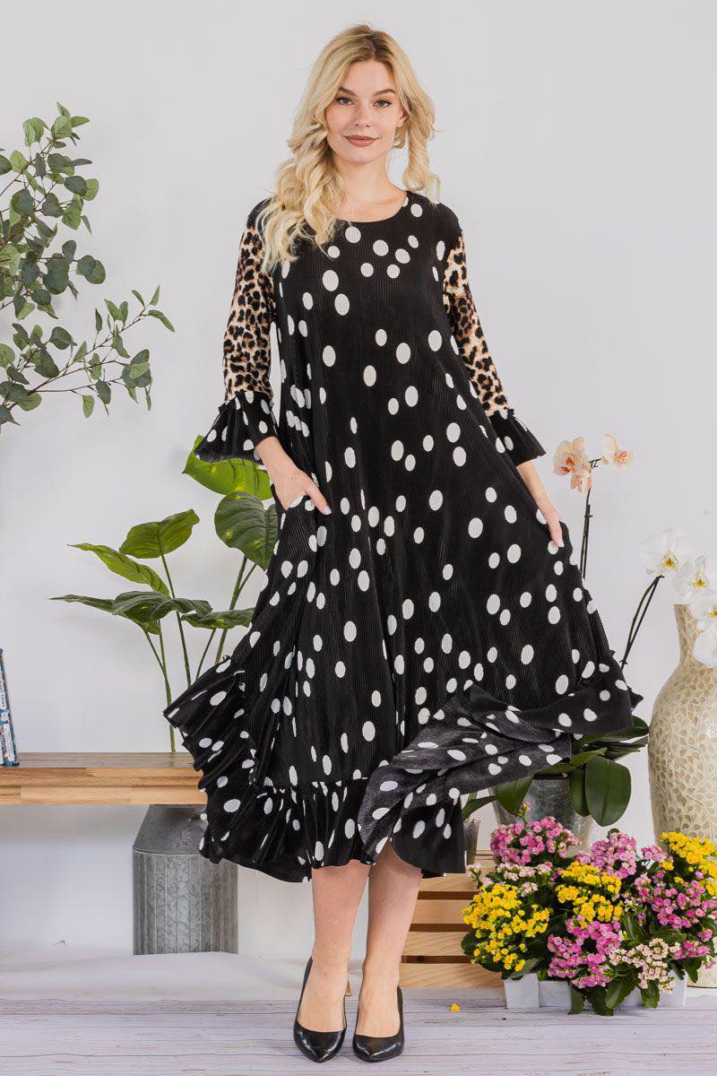 Polka Dot/Leopard Micro Pleat Dress:  3X  FINAL SALE! Cannot Be Returned!