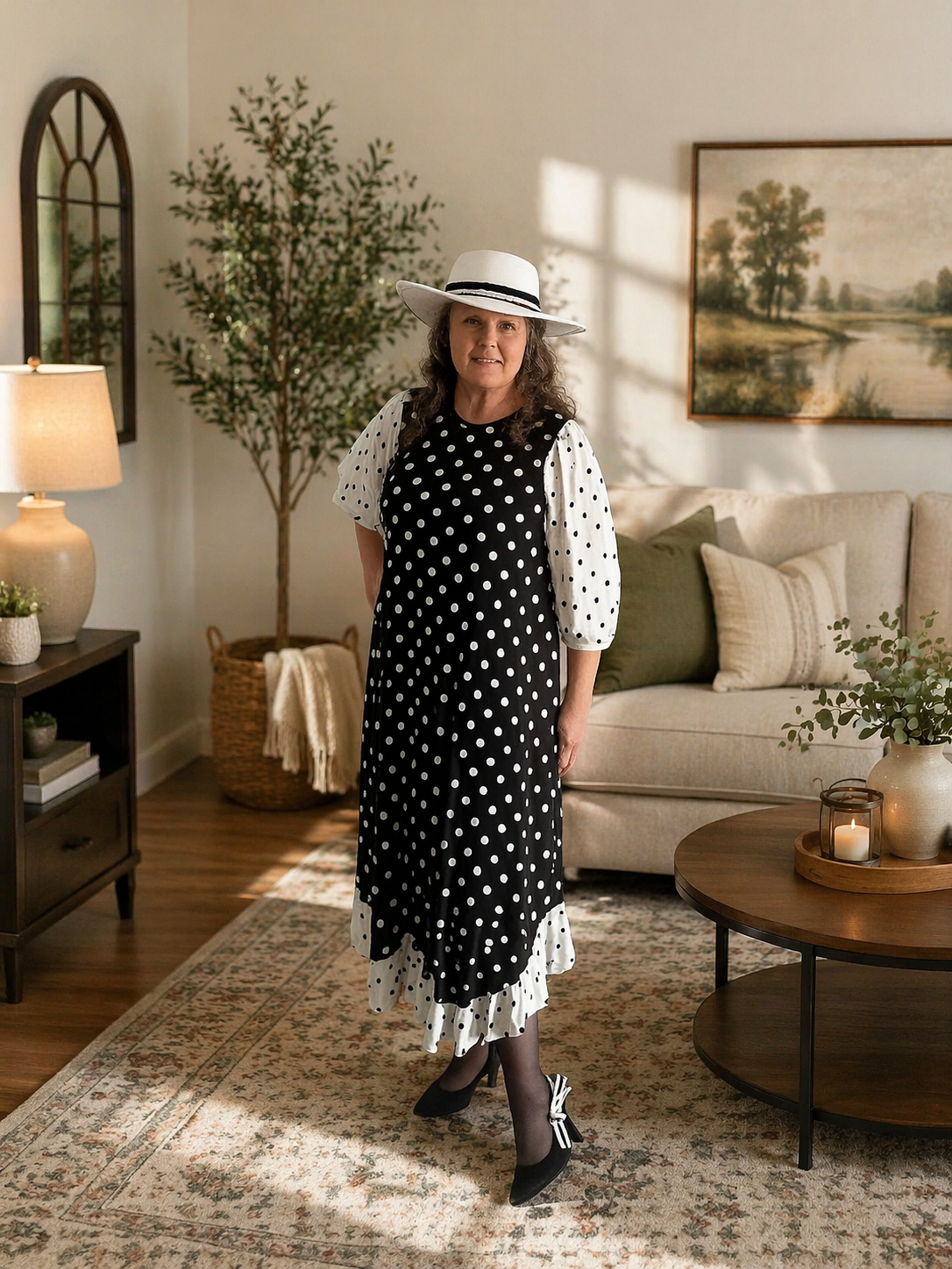 NEW!  "Priscilla" Black/White Polka Dot Ruffle Hem Dress: S-3X