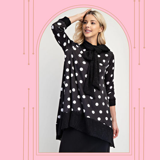 Black/White Polka Dot Bow Top: 1X-3X. Final Sale!  Cannot be Returned!