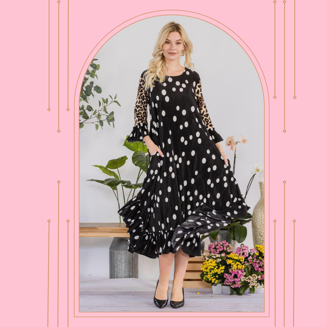 Polka Dot/Leopard Micro Pleat Dress:  3X  FINAL SALE! Cannot Be Returned!