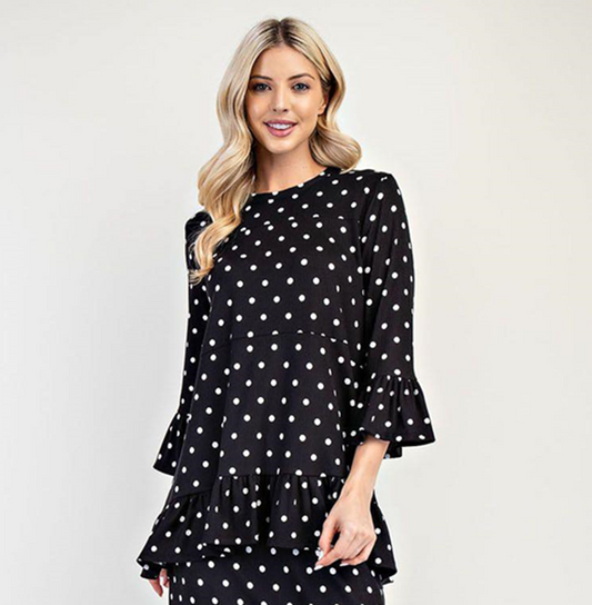 NEW !Black Polka Dot Ruffle Tiered Top: S-3X. Best Selling!