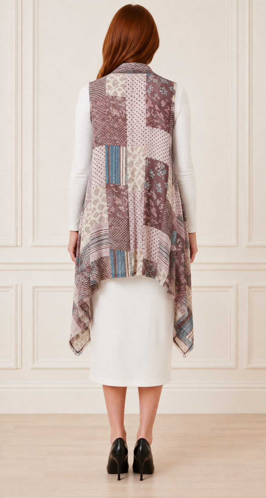NEW! Tan/Plum "Patchwork" Long Vest (One Size Fits Most Up to 1X)