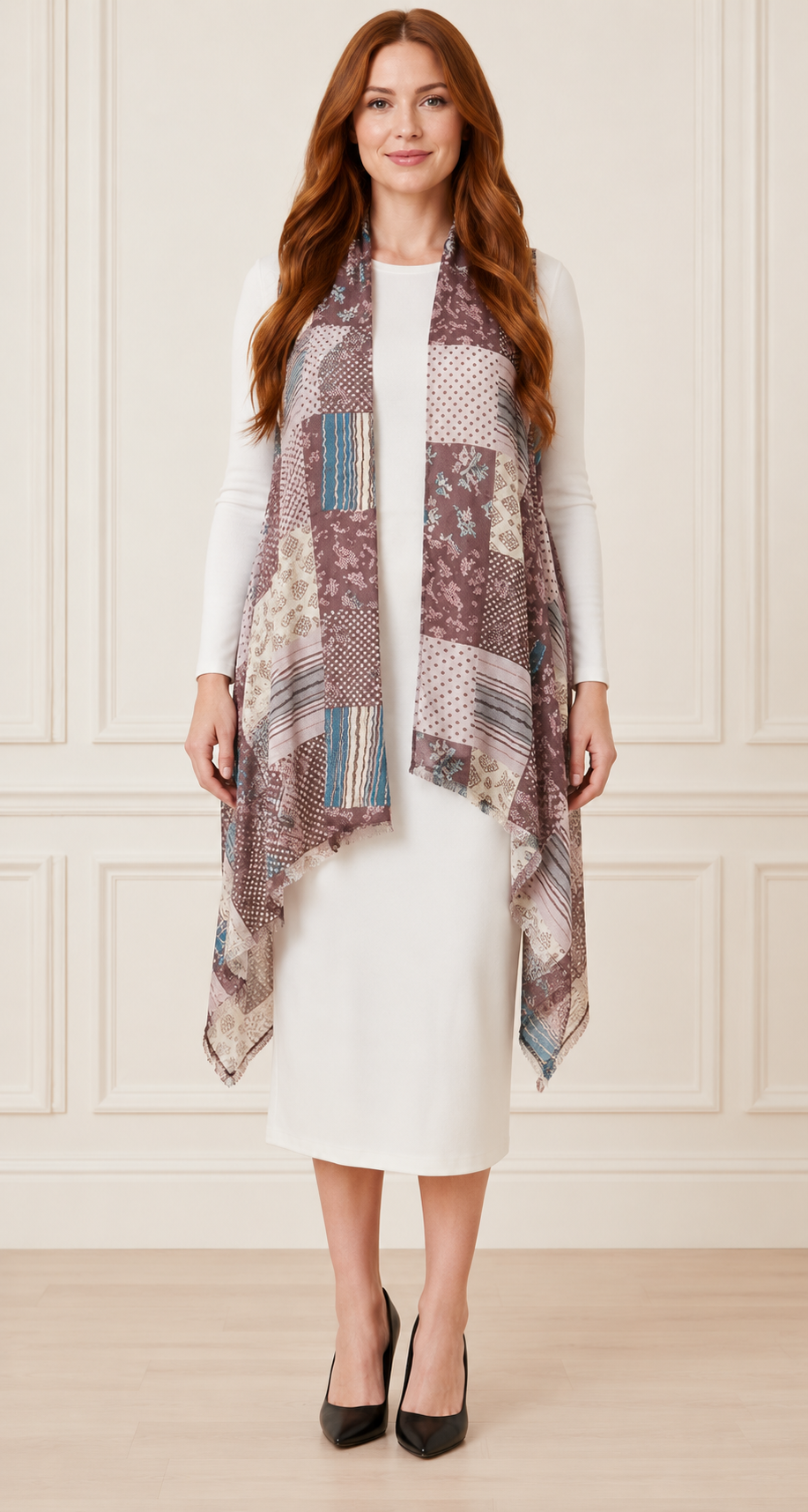 NEW! Tan/Plum "Patchwork" Long Vest (One Size Fits Most Up to 1X)