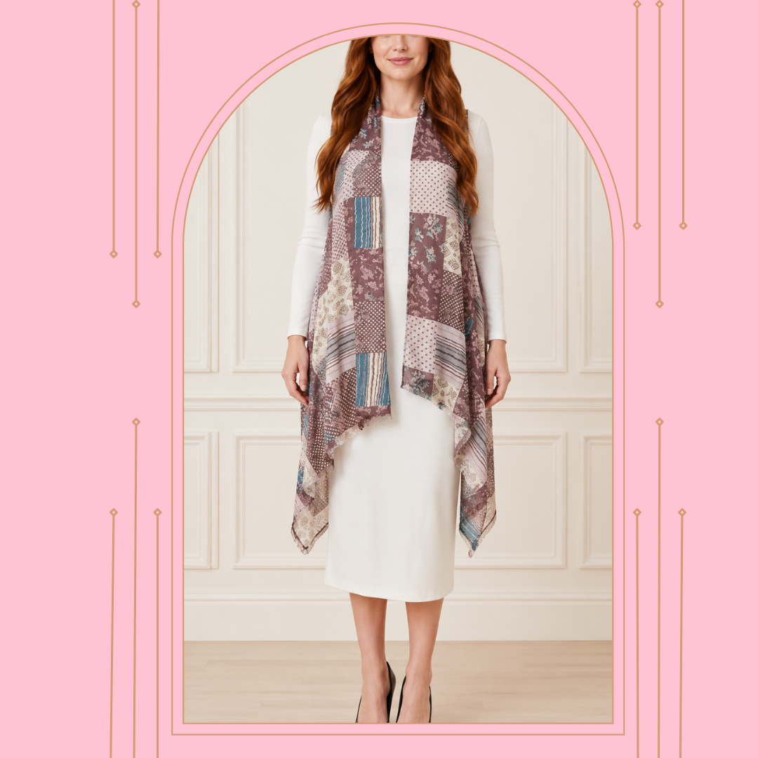 NEW! Tan/Plum "Patchwork" Long Vest (One Size Fits Most Up to 1X)