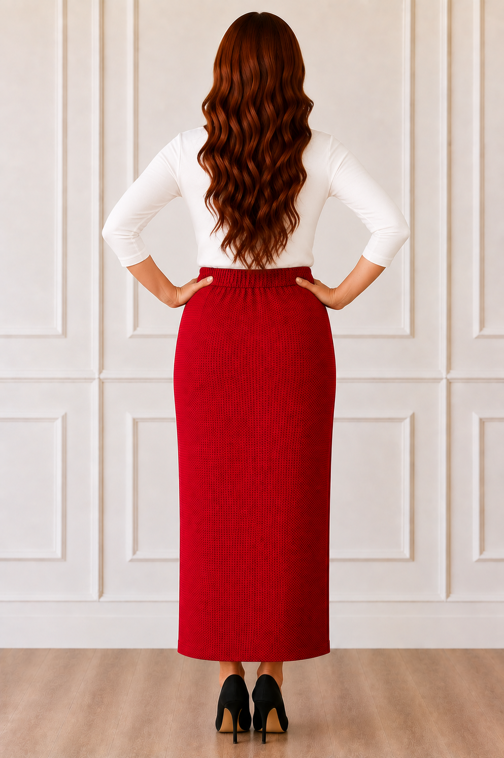 NEW! Red  "Waffle" Textured Skirt: 34 " S-5X