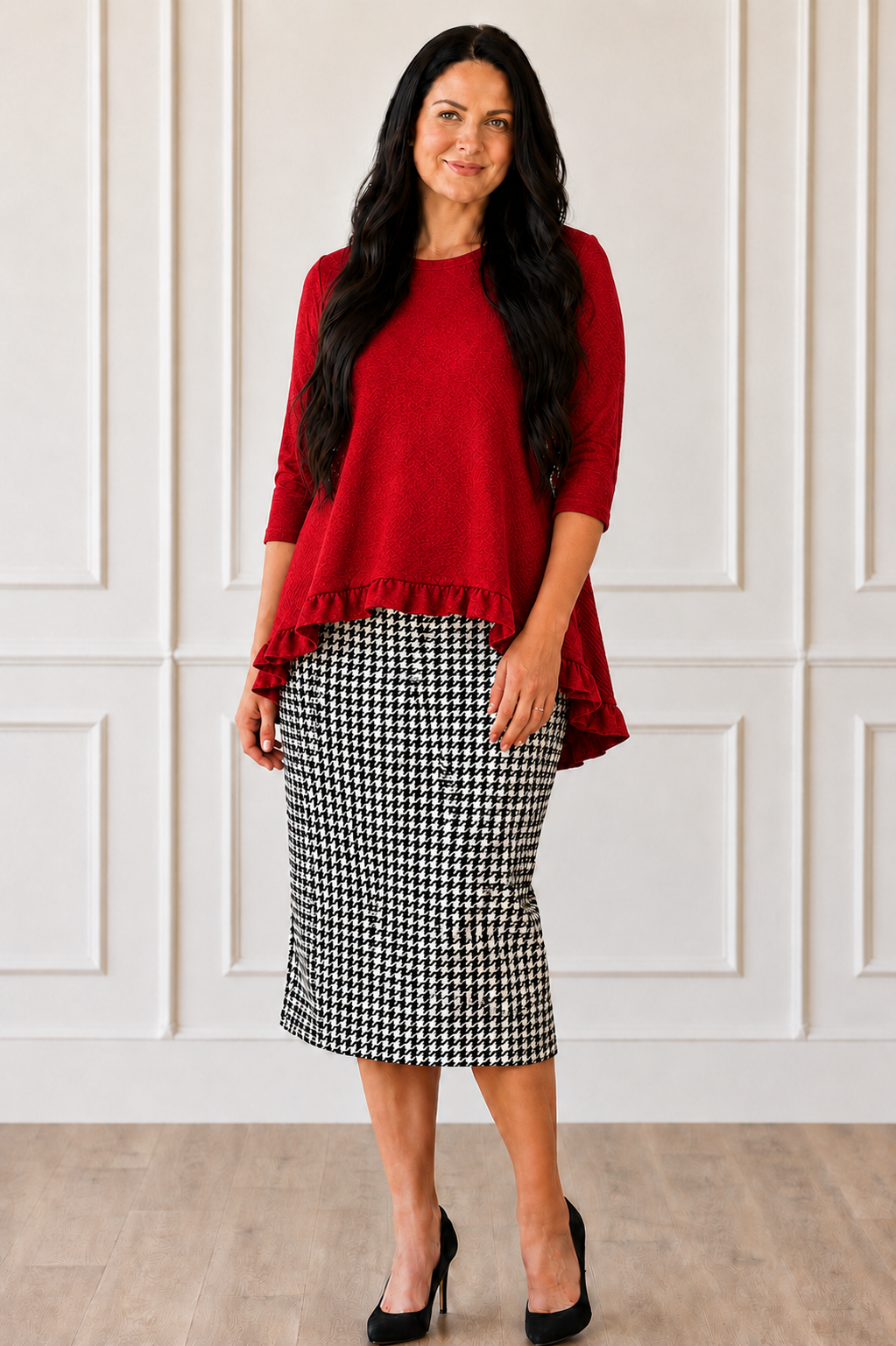 NEW! Red "High/Low" Ruffle Top: S-3X  Arriving In Stock: 9/8
