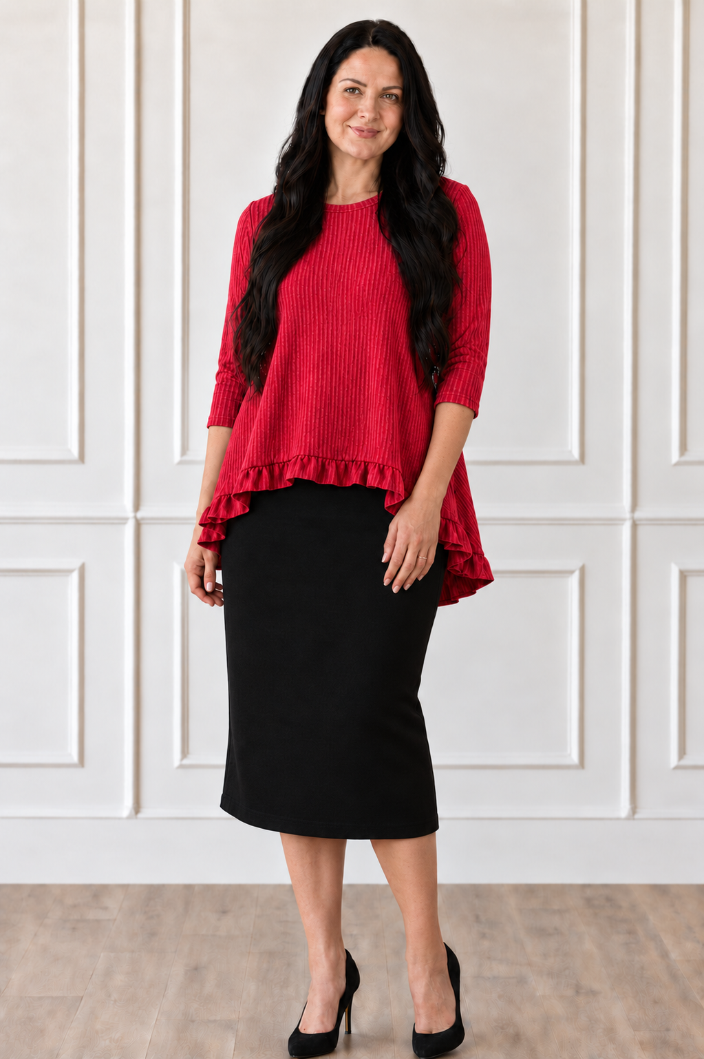 NEW! "Red " Textured -High/Low" Ruffle Top: S-3X