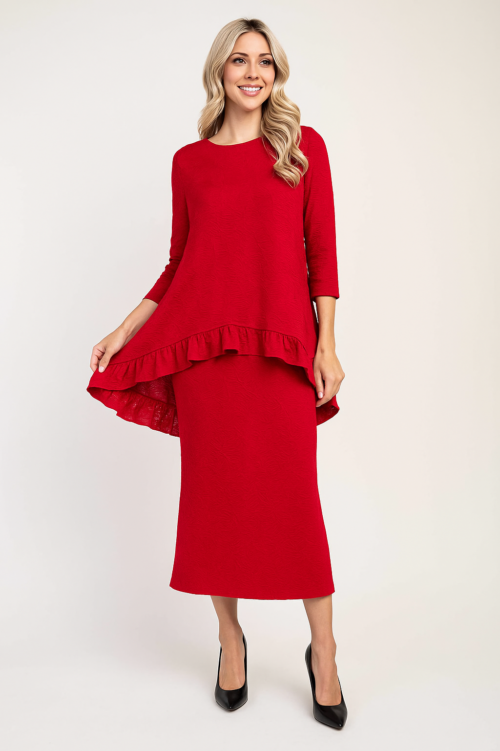 NEW! Red Textured Hi/Lo Top: S-3X  Arriving in Stock: 10/24