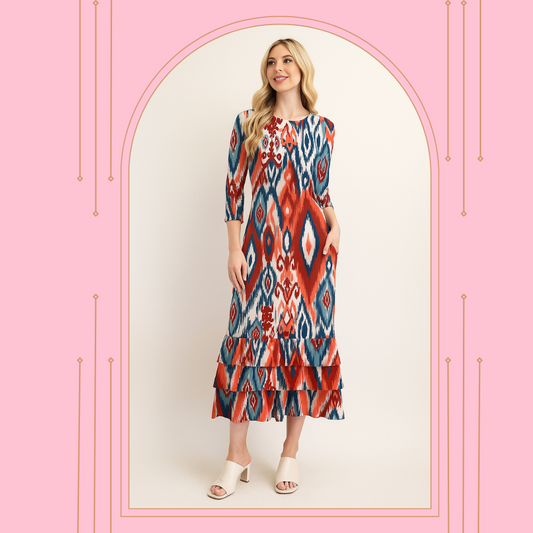 NEW! Pre-Order  "Ginger" Geometric Print Dress S-3X  Arriving In Stock: Late July
