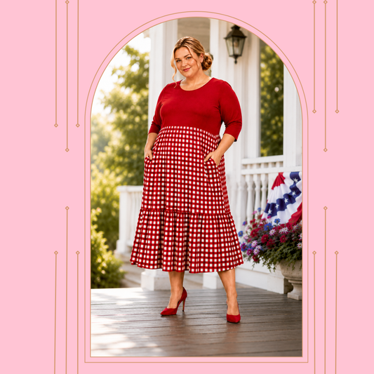 New! "Rebecca" Red/Check Dress: S-3X (Arriving in Stock  6/30)