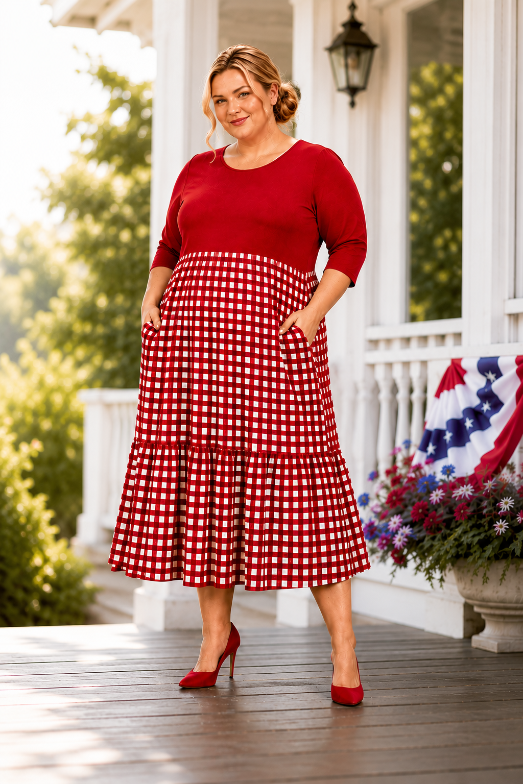 New! "Rebecca" Red/Check Dress: S-3X (Arriving in Stock  6/30)