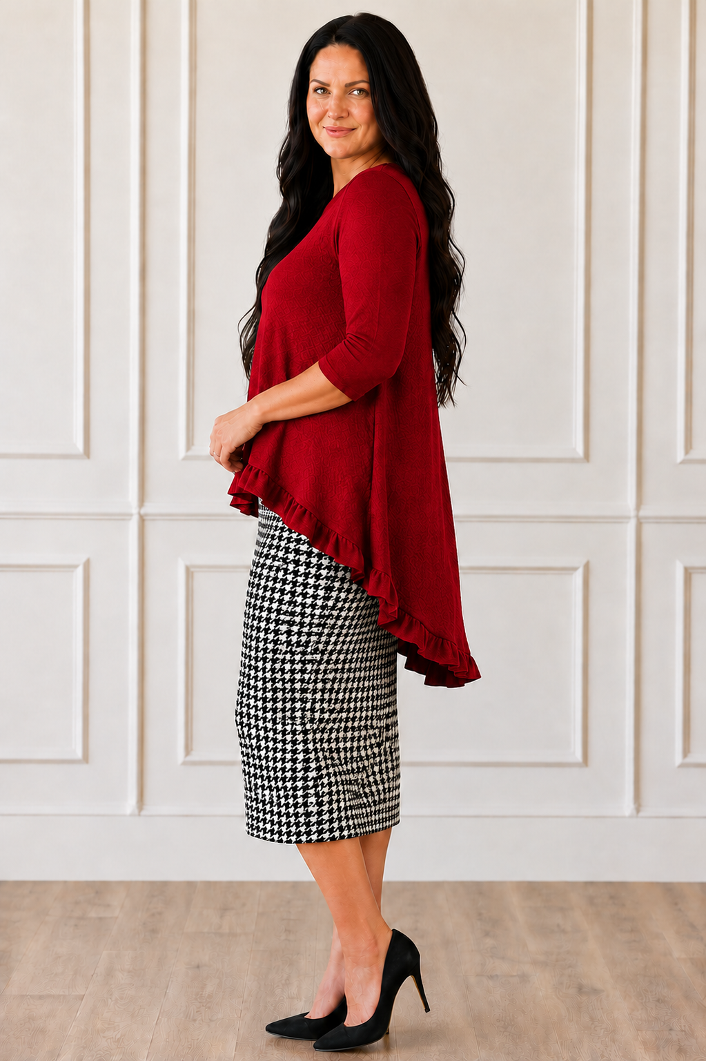 NEW! Red "High/Low" Ruffle Top: S-3X  Arriving In Stock: 9/8