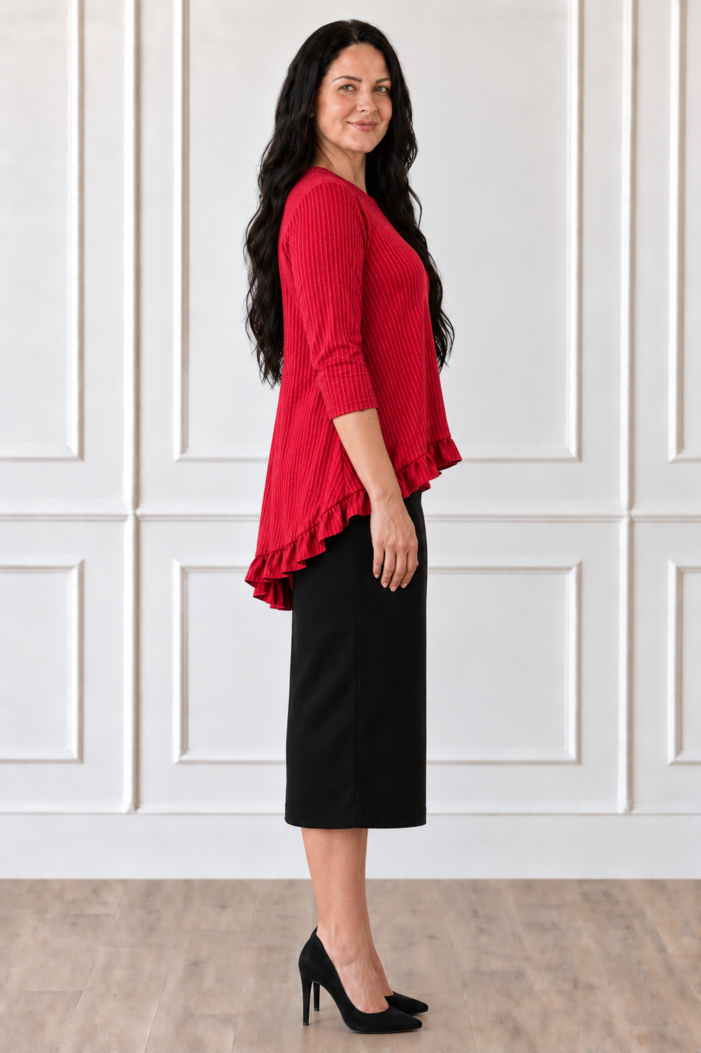 NEW! "Red " Textured -High/Low" Ruffle Top: S-3X