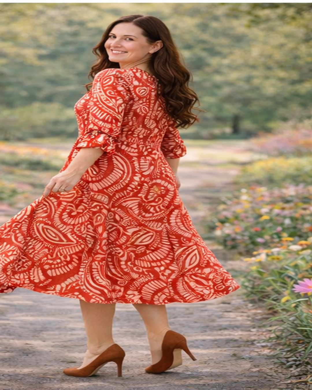 Rust Red Multi Print Dress: 3X- FINAL SALE! Cannot Be Returned!