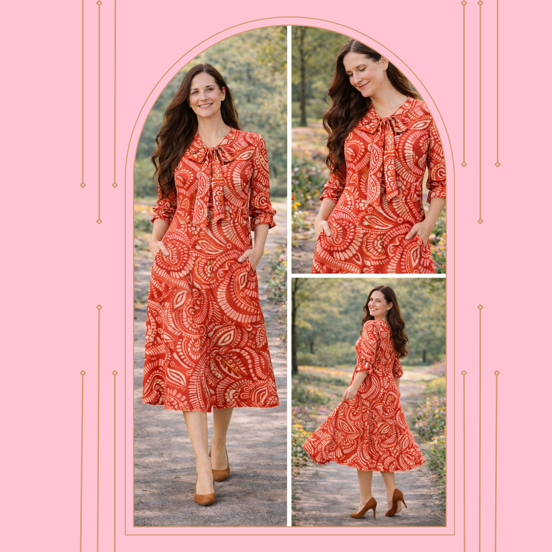 "Paisley" Rust Red Print Dress: S & 2X- 3X Final Sale!  Cannot be Returned!