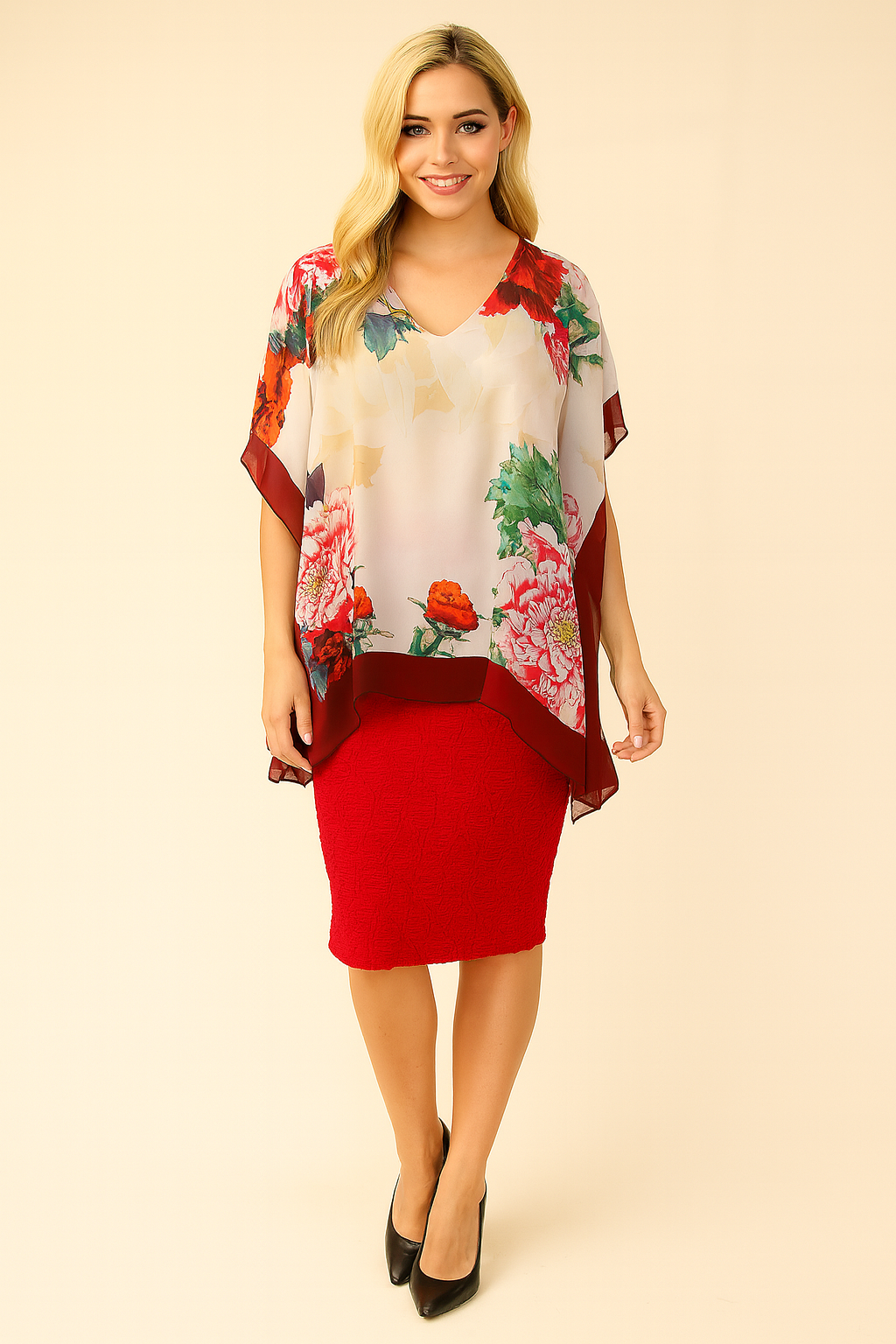 NEW! Red Peony Red "V" Neck