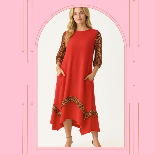 New! (PRE-ORDER)  "Rebecca" Red/Leopard Dress: S-3X  Arriving in Stock: 9/25