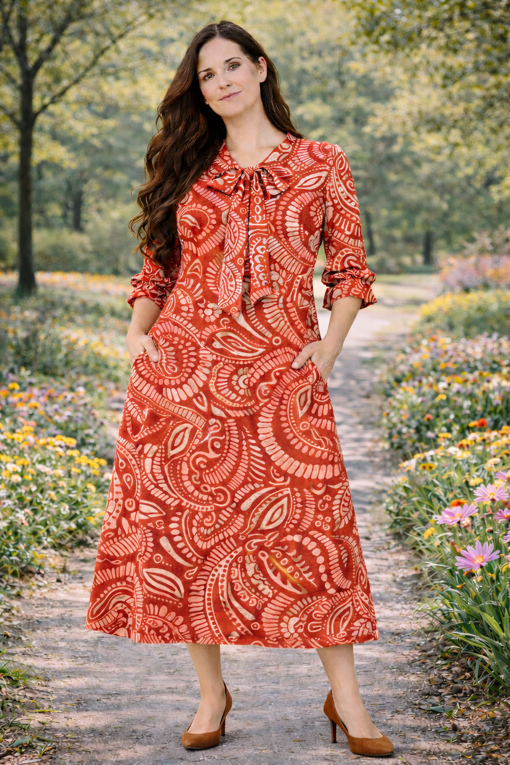 Rust Red Multi Print Dress: 3X- FINAL SALE! Cannot Be Returned!