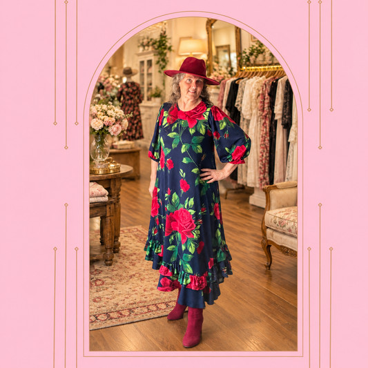 "Scarlet" Navy/Red Roses Print Dress: S-3X