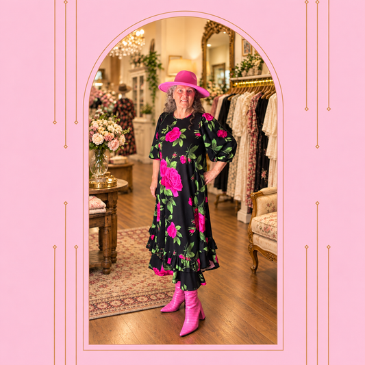 New "Rosalyn" Black/Pink Roses Print Dress: S-3X