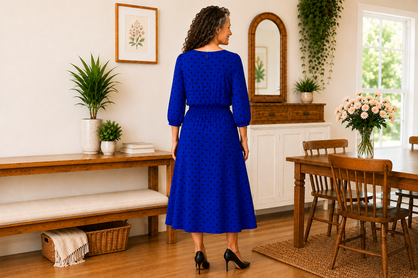 “Alisha" Royal Blue Polka Dot Dress: L, XL & 2X FINAL SALE! Cannot Be Returned!