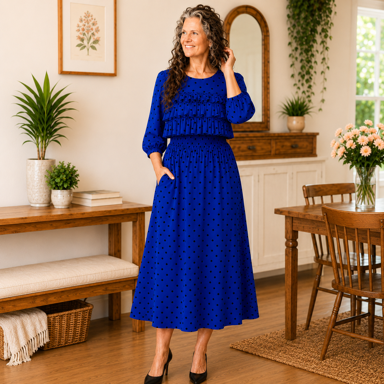 “Alisha" Royal Blue Polka Dot Dress: L, XL & 2X FINAL SALE! Cannot Be Returned!