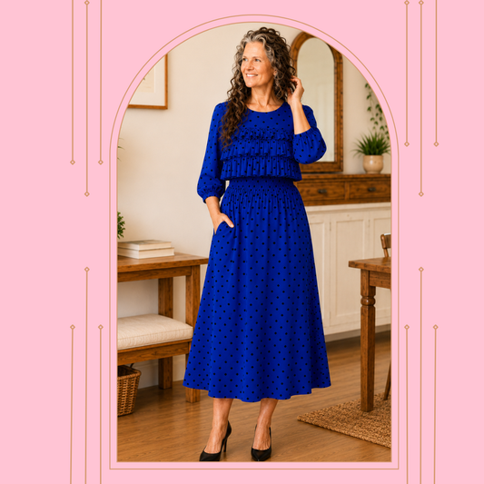 NEW! "Alisha" Royal Blue Polka Dot Dress: S-3X