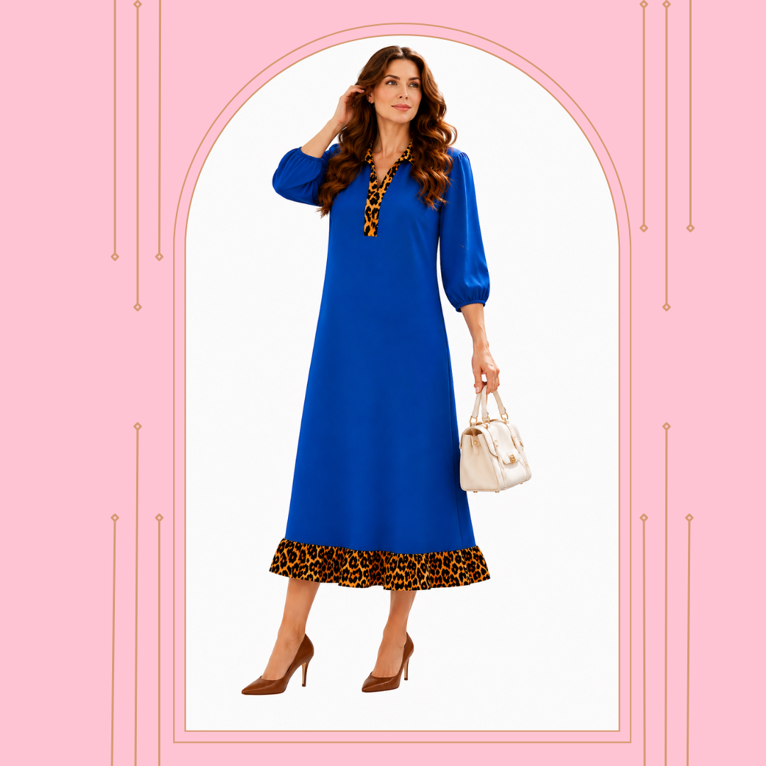 "Rhonda"  Royal Blue/Leopard Dress: S-M & 3X