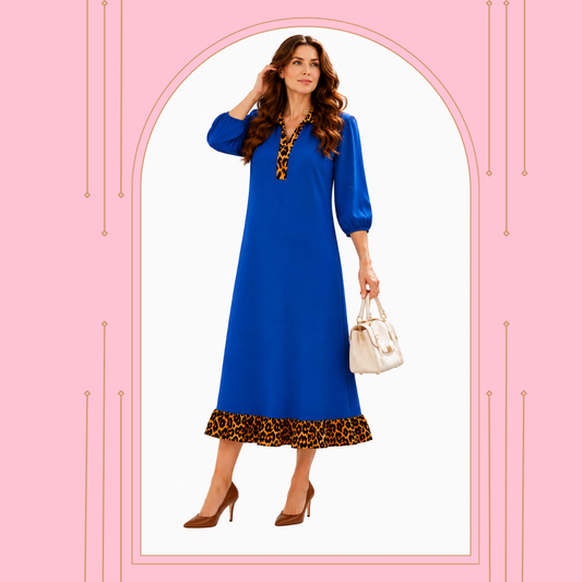 NEW! "Rhonda"  Royal Blue/Leopard Dress: S-3X