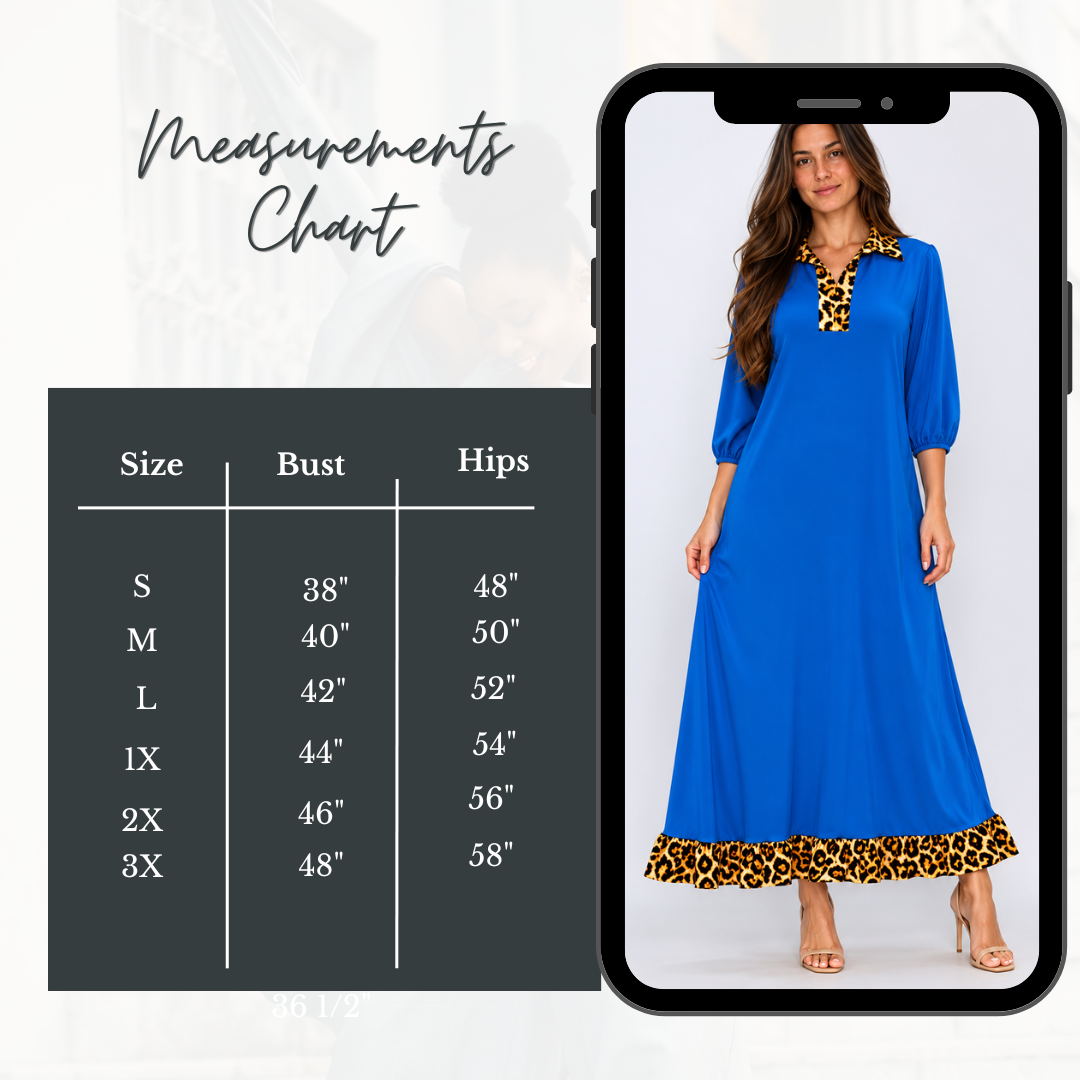 NEW! "Rhonda"  Royal Blue/Leopard Dress: S-3X  Arriving in Stock: 6/3