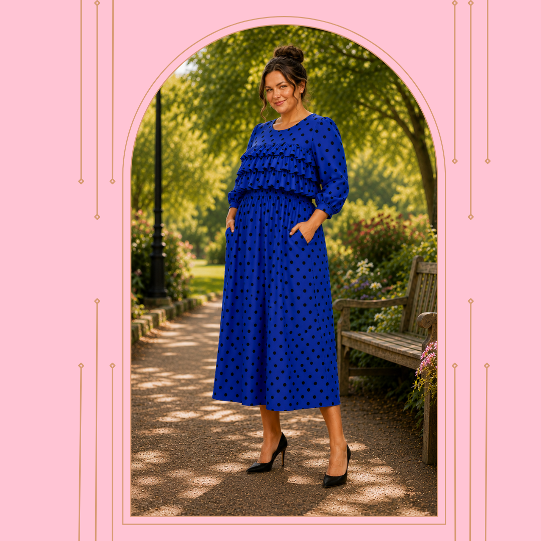 Pre-Order: NEW! "Alisha" Royal Blue Polka Dot Dress: S-3X  Arriving in Stock: Early to Mid July!