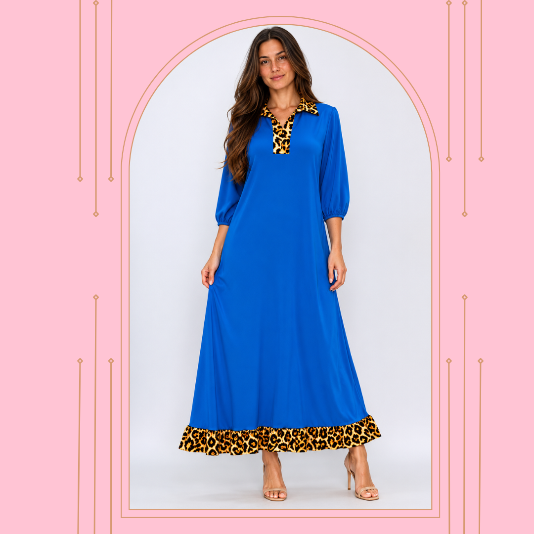 NEW! "Rhonda"  Royal Blue/Leopard Dress: S-3X  Arriving in Stock: 6/3