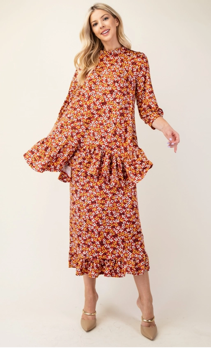 Rust  Floral Print SKIRT :  S-XL