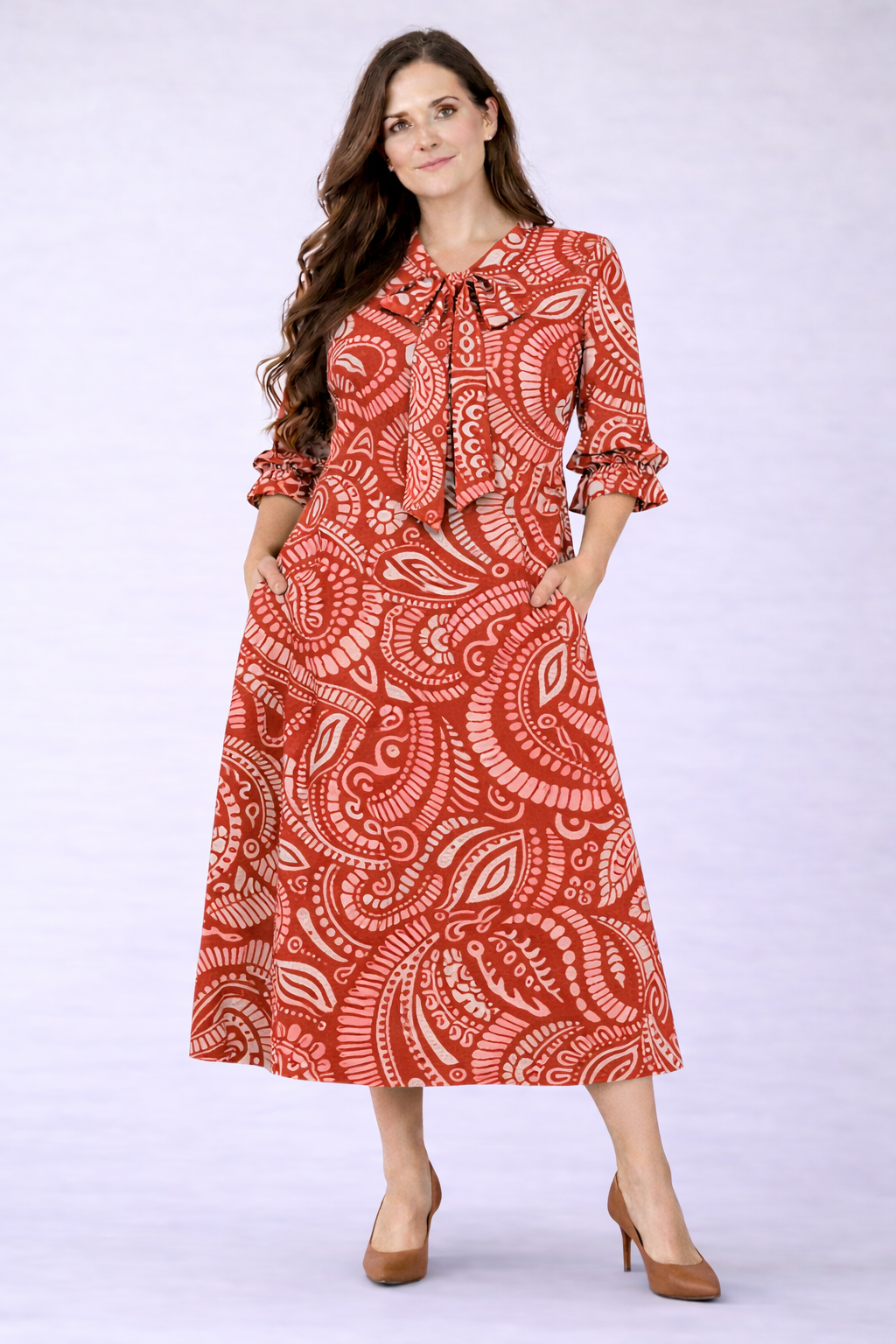 "Paisley" Rust Red Print Dress: S & 2X- 3X Final Sale!  Cannot be Returned!