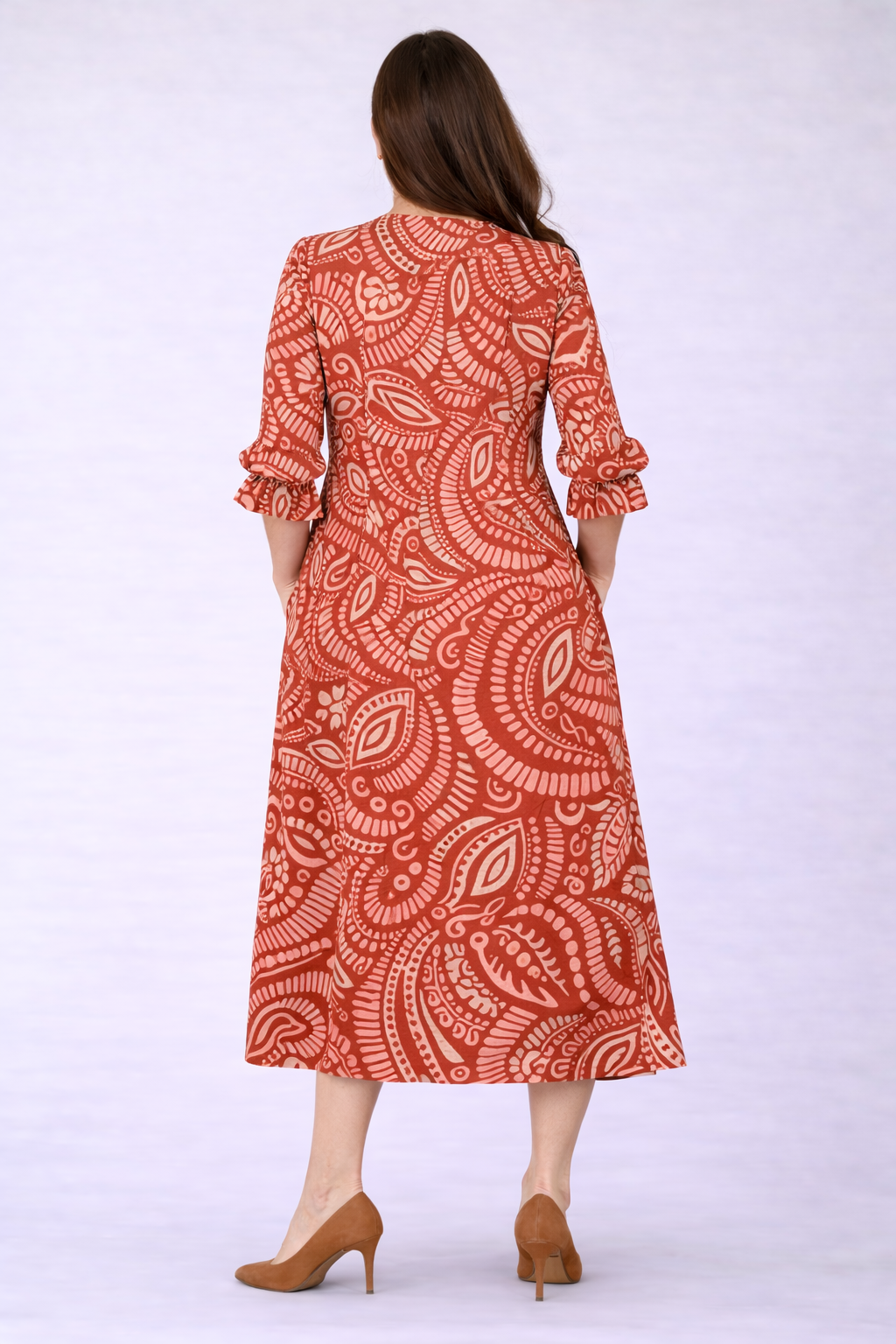 "Paisley" Rust Red Print Dress: S & 2X- 3X Final Sale!  Cannot be Returned!
