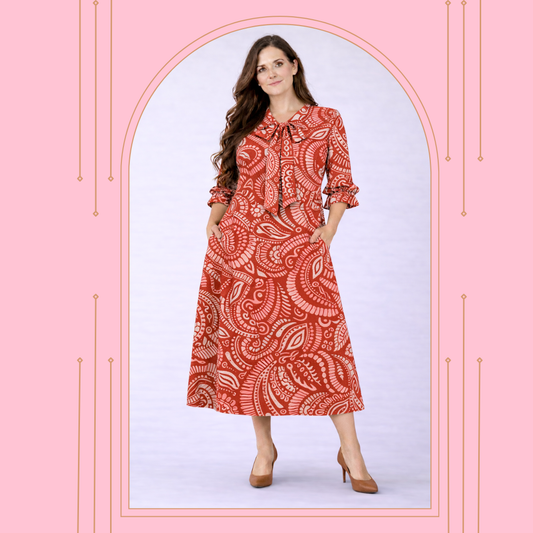 Pre-Order: New! "Paisley" Rust Red Print Dress: S-3X  Arriving Mid April