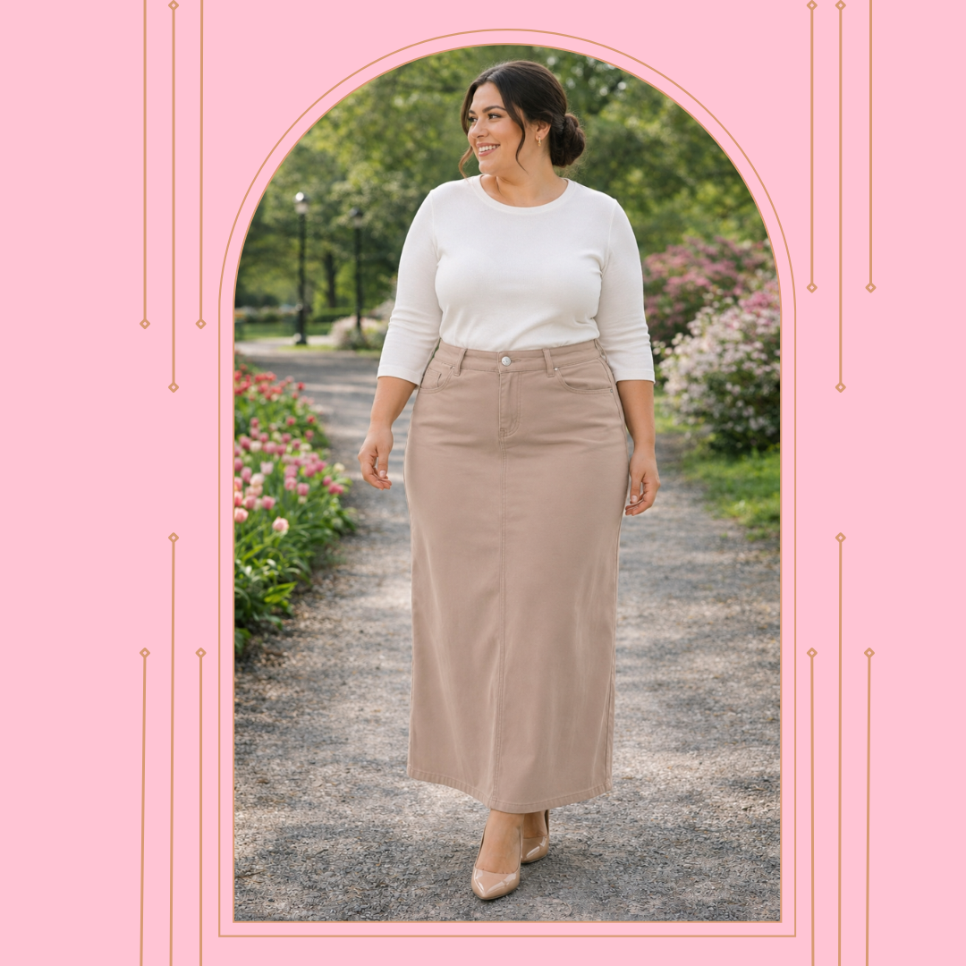 Pre-Order:  NEW! Sandstone Maxi Jean Skirt: S-3X Arrives in Stock: 6/20