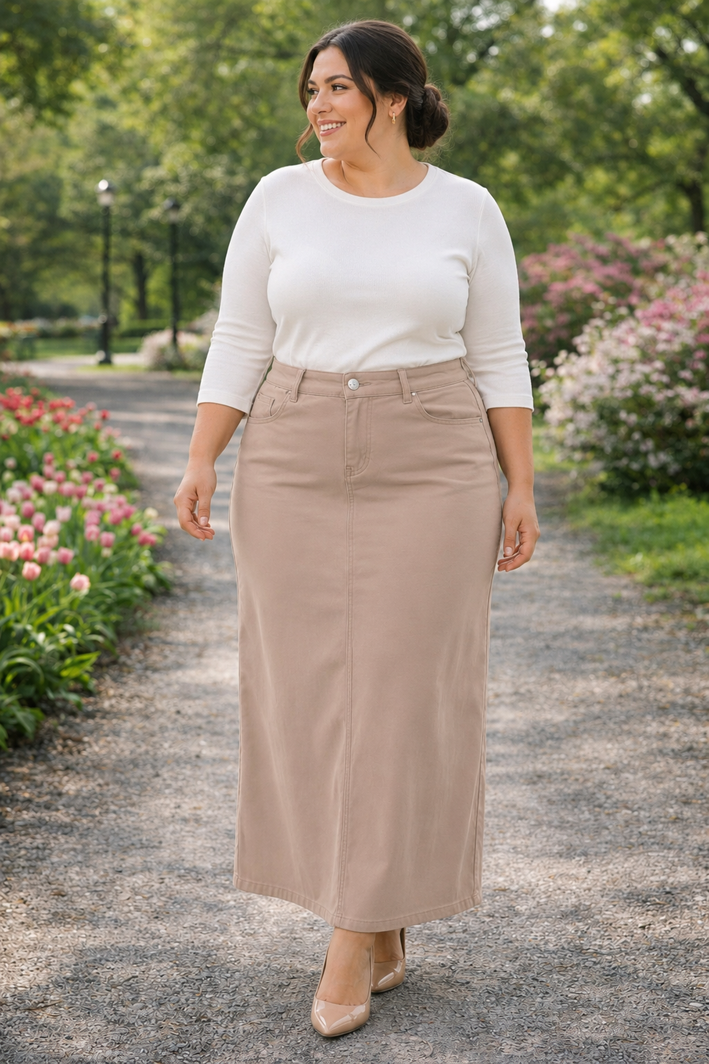 Sandstone (Khaki) Maxi Jean Skirt: S-3X (Select Sizes Arriving Back in Stock: 9/21)