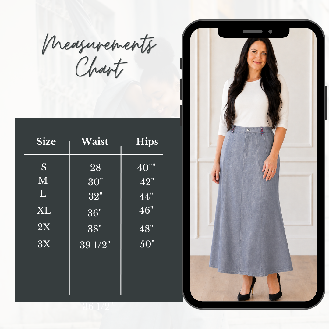 NEW! Silver "Fit & Flare" Maxi Jean Skirt: S-3X  Arriving in Stock: 9/3