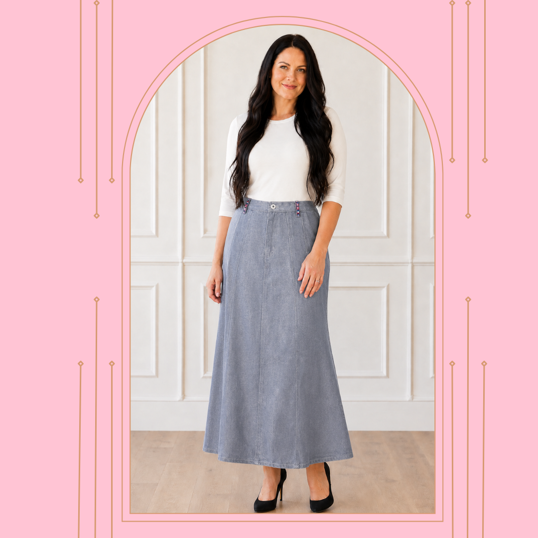 NEW! Silver "Fit & Flare" Maxi Jean Skirt: S-3X  Arriving in Stock: 9/3