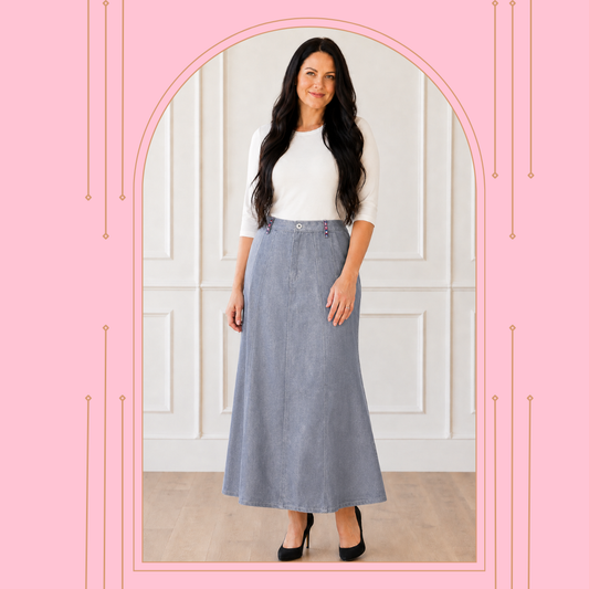 NEW! Silver "Fit & Flare" Maxi Jean Skirt: S-3X  Arriving in Stock: 9/3