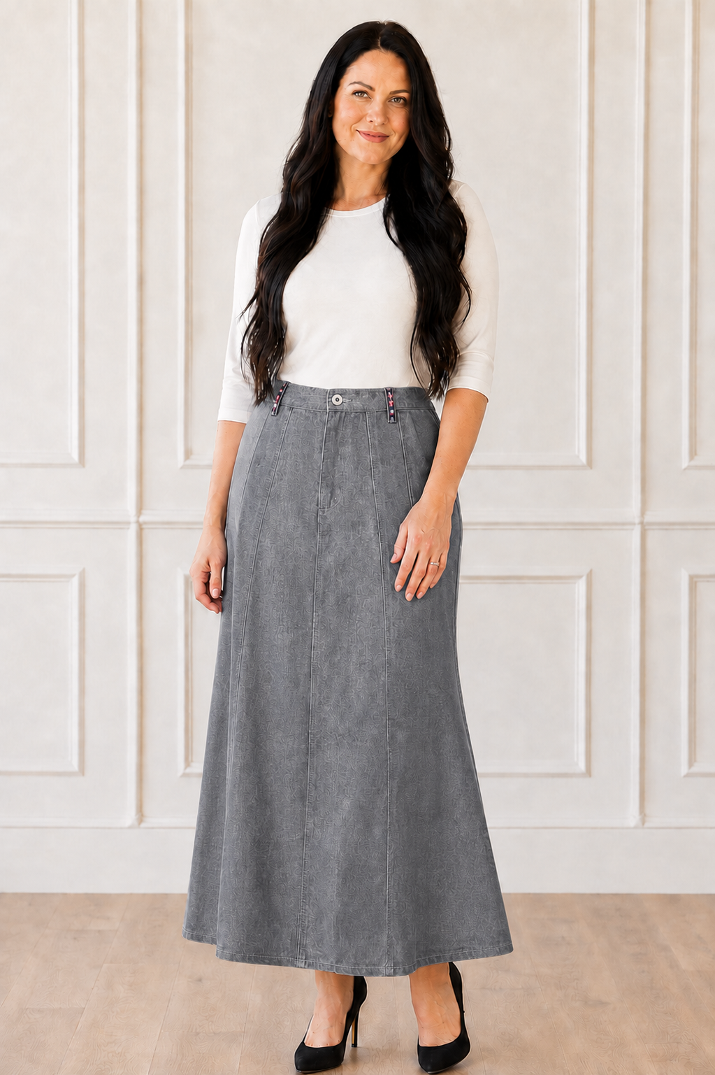 NEW! Silver " Aline” Maxi Jean Skirt: S-3X